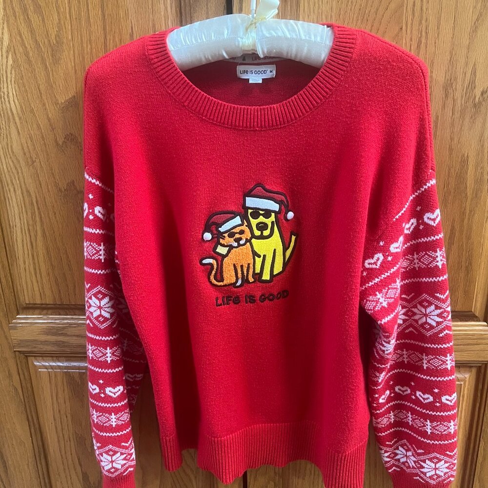 Life is Good Women's Holiday Sweater, Size M, Red, with Cat and Dog